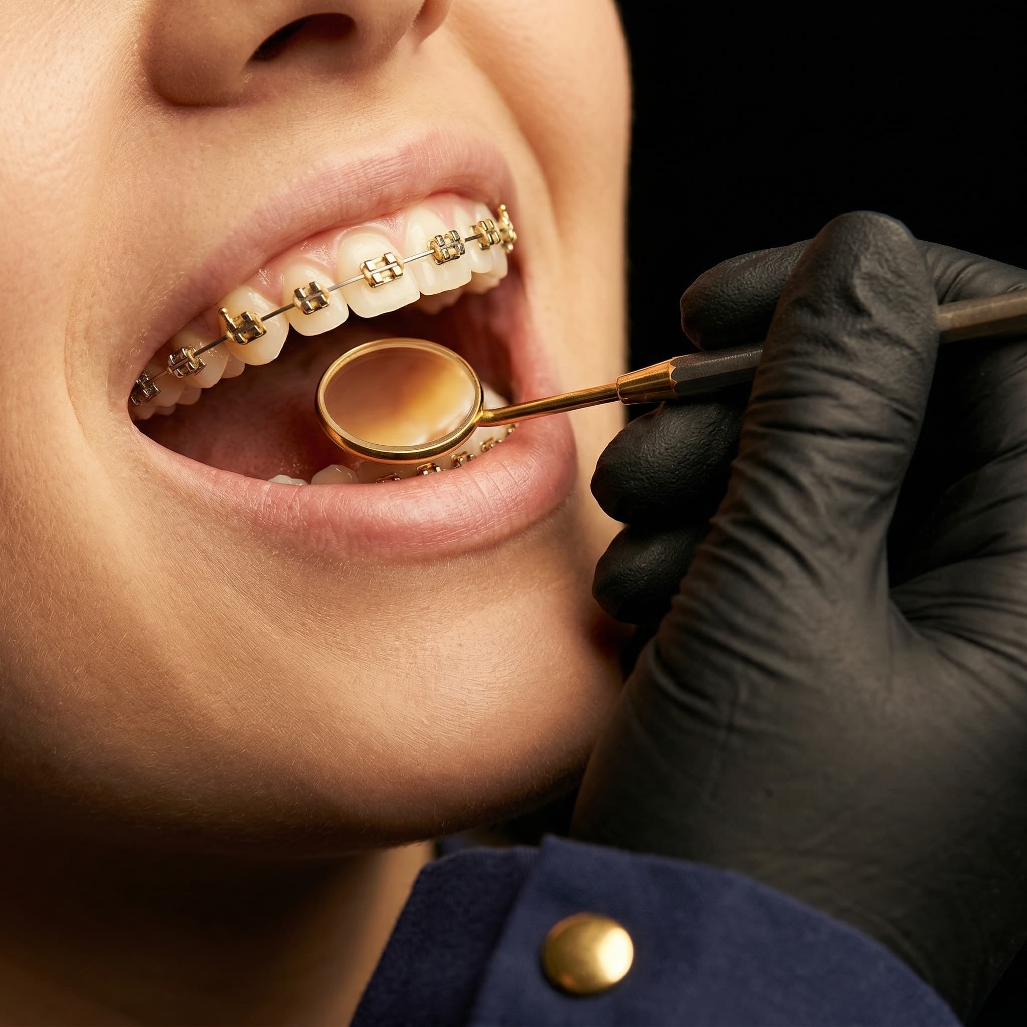 Paciente con brackets durante una revision de ortodoncia