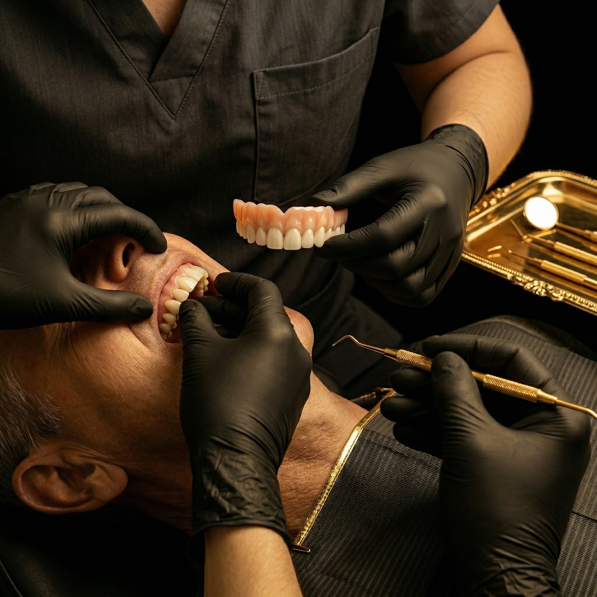 Protesis dental siendo ajustada cuidadosamente por el especialista