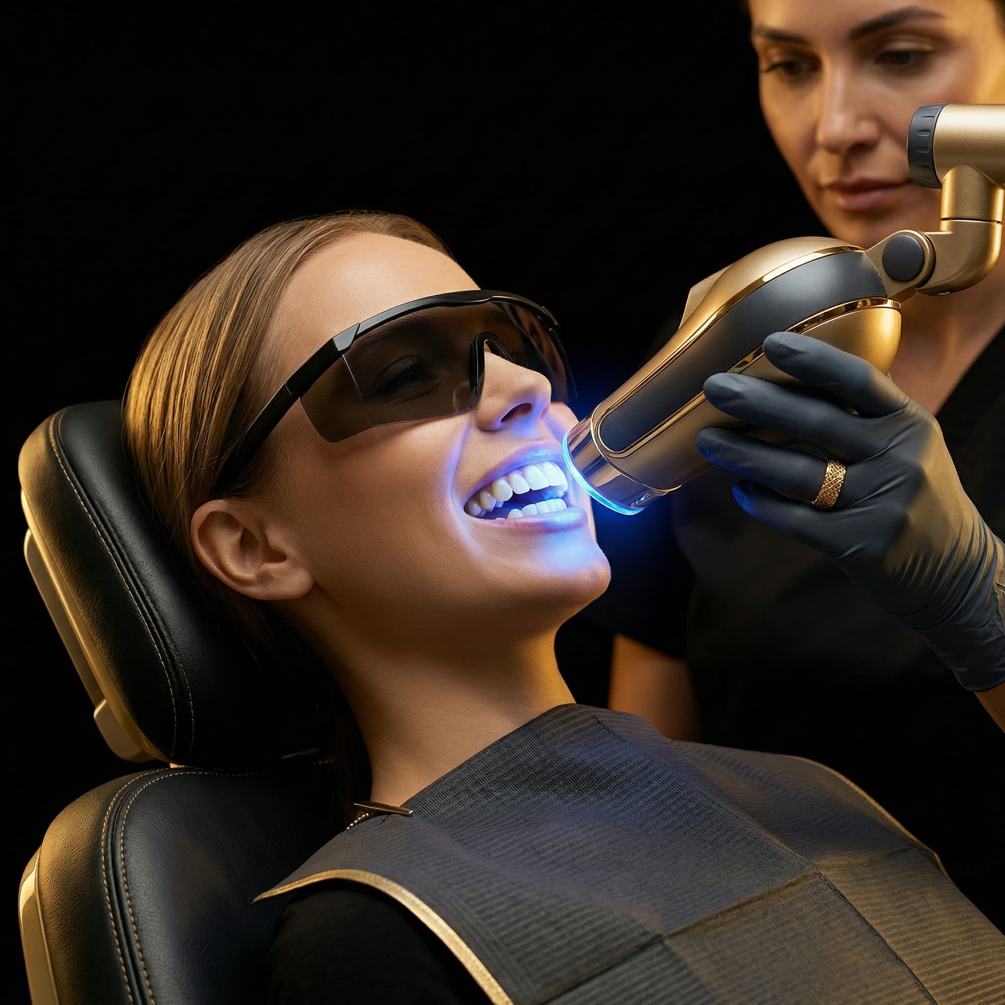 Paciente recibiendo blanqueamiento laser con proteccion visual
